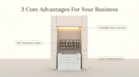 Vitrine à bijoux tendance en laque beige écologique, mobilier moderne pour bijouterie avec éclairage LED chaleureux pour utilisation en showroom