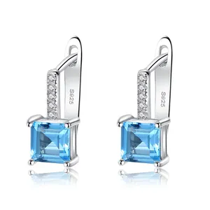 Luxury Jewelry Square Shape Sterling Silver 925 Gemstone Blue Topaz Women Drop Earrings