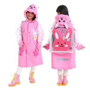 Cheap Blue Cute Student Girls Boys Waterproof Rain Cover Hooded Impermeable Children With School Bag Raincoat