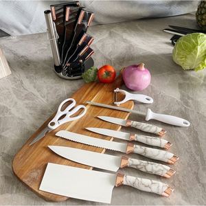 9-Piece Western Style Non-Stick Chef <b>Knife</b> <b>Set</b> Handmade Blade Rose Gold Marble Patterned Handles PP Rotating <b>Knife</b> Holders - Product Image 2