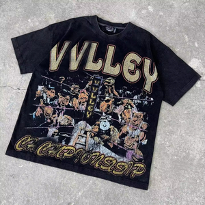 Özel Tasarım Rhinestone İşlemeli Vintage Asit Yıkama Tişört Yuvarlak Yaka Ağır Kumaş 300 GSM Pamuklu Dtg Baskılı Bol Kesim Kırpılmış Grafik Tişört Erkek - Product Image 5