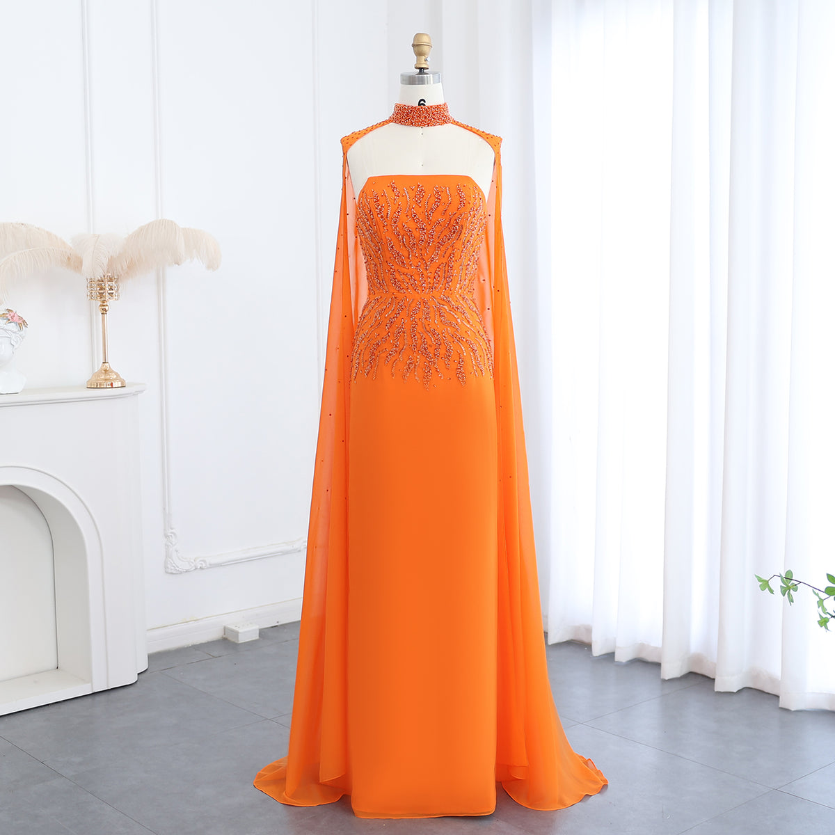 Arabic Orange Strapless Evening Dress with Cape Sleeve Women for Wedding  Luxury Dubai Formal Party Gowns LSZ299-1
