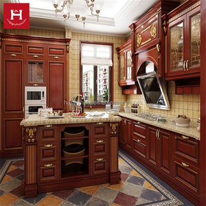 تصميم ثلاثي الأبعاد لخزائن المطبخ الكلاسيكية القديمة من الخشب الصلب من HAPPY HOUSES، مجموعة خزائن مطبخ أمريكية مع جزر - Product Image 1