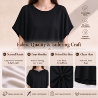 T-shirt noir en ramie torsadé pour femme, coupe décontractée à épaules tombantes et manches courtes, vente en gros, fabricant de vêtements personnalisés pour femmes, en vrac