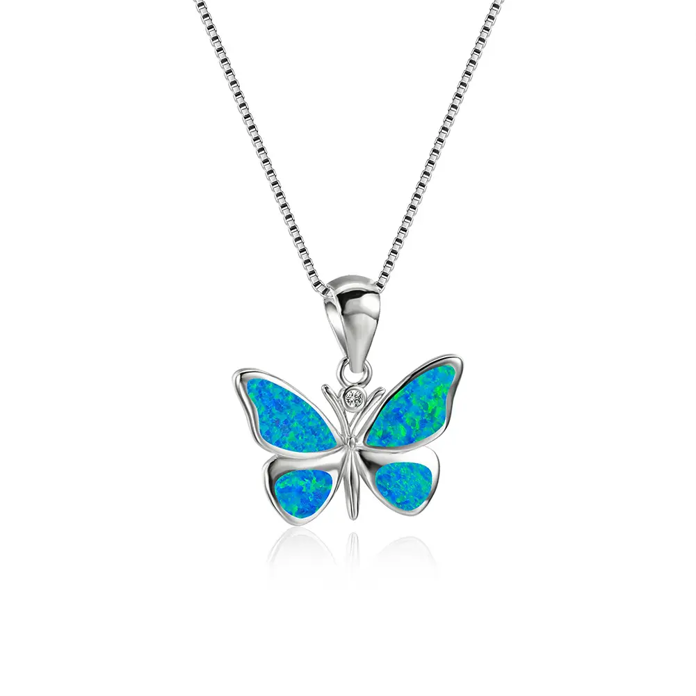 Fabricante atacado lindo colar de pingente de opala azul borboleta para mulheres
