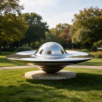 Sculpture moderne en acier inoxydable poli miroir, en forme de soucoupe volante, pour jardin extérieur, pelouse, art paysager, centre de jardin, décoration de parc