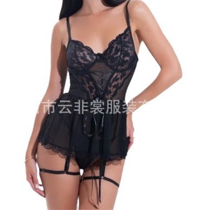 Nouvelle lingerie féminine de style européen et américain, chemise de nuit à bretelles, ourlet froncé en résille, bas à jarretelles, anneaux de jambe, nuisette - Product Image 4