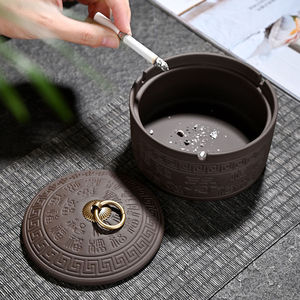 Purple Clay Ashtray With Lid Round Design Auspicious Symbols For Home Hotel Coffee Table Use - Product Image 4
