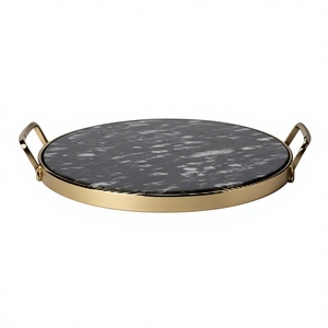 <b>Black</b> Luxury Iron Round Marble Decorative Tray with Gold Plated <b>Frame</b> and Handles Minimalist Modern Design for Home Decor - Product Image 1