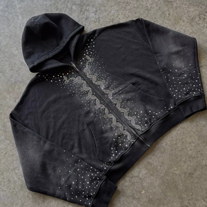 Sudadera con capucha negra personalizada para hombre, estilo desgastado, de tela gruesa, con efecto descolorido por el sol, con cremallera y pedrería, para fabricantes - Product Image 2
