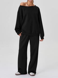 Setelan atasan dan celana wanita warna polos dengan bahu miring, kerah scoop nyaman, lengan panjang longgar, dan celana lebar dua potong. - Product Image 4