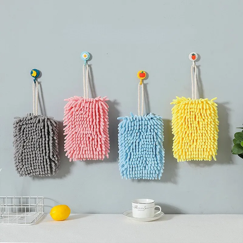 FF2546 Kitchen Chenille Fuzzy Ball Hand Towel with Hanging Loops Absorbent Cleaning Rag Microfiber Hand Towels for Bathroom