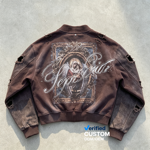 Großhandel ODM Bekleidung Schwergewichtiger Übergroßer Acid Wash Hoodie Distressed Sonnenverblasster Strass Jungfrau Maria Streetwear Kapuzenpullover - Product Image 2