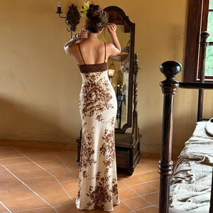 Vestido Largo de Mujer con Tirantes Finos de Encaje, Estampado Floral Marrón, Cuello en V, Verano, Casual, Elegante, Nuevo Estilo 2026 - Product Image 4