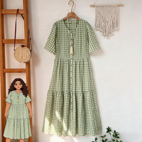 Robe longue décontractée à manches courtes pour femmes, grande taille, à carreaux vert et blanc, idéale pour le quotidien, les trajets, les vacances et les rendez-vous