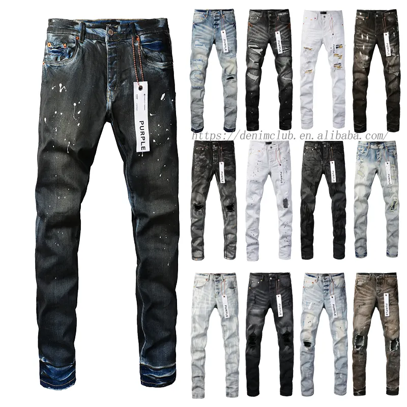 Wholesale Men's High Quality Cotton Denim Streetwear Pants Mid Straight Moustache Effect Distressed Wash Purple Brand Jeans Men