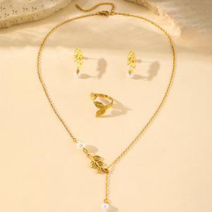 2025 Venta caliente nueva moda personalidad hoja perla gota collar Stud anillo conjunto clavícula cadena joyería de mujer - Product Image 3