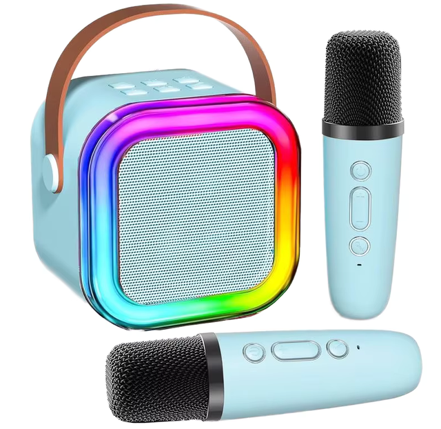 Kids K12 Mini Karaoke Machine Portable Home Party Wireless Speaker System with 2 Microphones RGB LED Lights for Mobile Phone