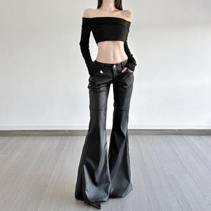 Edgy Street Style Breathable PU Pants-<b>Low</b>-<b>Rise</b> Bootcut <b>Flare</b> with Flat Front and Slimming Fit - Product Image 1