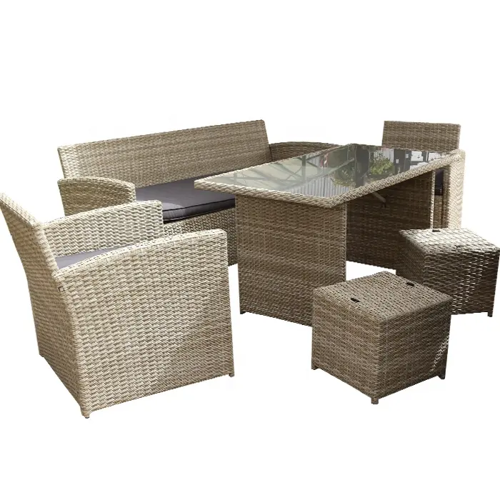 Set Sofa taman furnitur anyaman rotan poli tahan UV kualitas lebih baik dengan meja makan kaca tempered 5mm