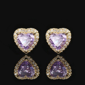 Fashion Eco-friendly Copper Two Tone Heart 10*10-6*6mm Purple High Carbon Diamond Jewelry Wedding Necklace <b>Earrings</b> Ring <b>Set</b> - Product Image 5
