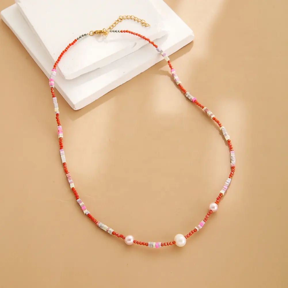 Holiday Beach Summer Handmade Multi Candy Crystal Beads Freshwater Pearl Choker Stainless Steel Necklace Waterproof Jewelry