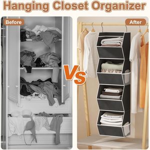 Hanging Closet Organizer 4 <b>Shelf</b> Foldable Fabric Storage For Bedroom Clothes With Mesh Pocket <b>Hook</b> Type 33x15x85cm - Product Image 6