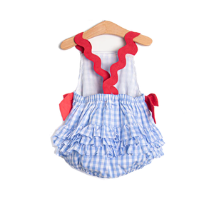Ropa Infantil: Pelele Vintage Azul a Cuadros Vichy para Niña, Conjunto a Juego con Volantes y Ribete Festoneado, Pelele de Bebé a Cuadros con Lazo Rojo, Vestido de Verano - Product Image 6