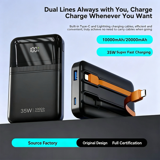Hot Sale Portable Large Capacity 20000mAh Power Bank with 65W Super Fast Charging,Built-in Cables, Lightweight and Slim Design