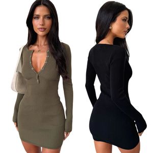 Vestido ceñido al cuerpo de punto acanalado Manga larga Botón Frontal Cintura natural Ecológico Lavable Casual Elegante Mini vestido de otoño - Product Image 1