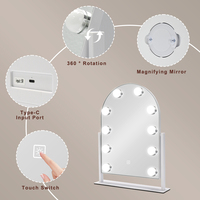 Manufacturer LED Arch Metal+Glass Freestanding Home Use Vanity Mirror 10 Dimmable Bulbs Touch Screen Detachable Magnifying