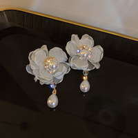 925 Silber Nadel Organza weiße Blume Ohrringe Koreanische Version Diamant Perle Ohrringe süße Super Fee Ohrringe Flut
