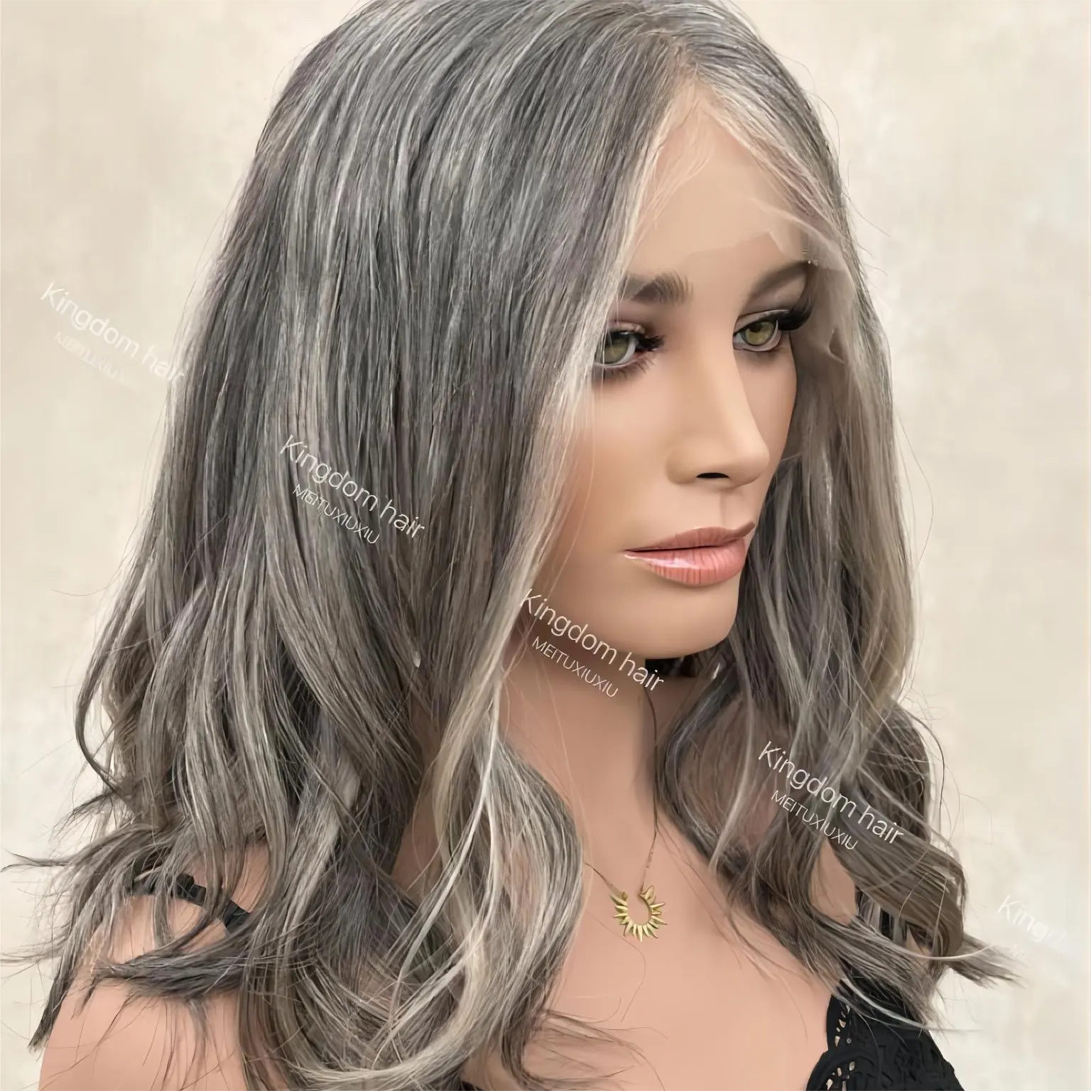 Perruque Lace Front Wig sans couture à nœud unique HD pour femmes âgées, cheveux européens gris sel et poivre avec reflets sur le devant