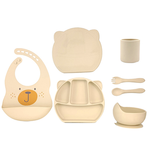 Juego de alimentación para bebés de silicona de grado alimenticio sin BPA, plato duradero con tapa, babero portátil, tazón con tenedor y cuchara - Product Image 1