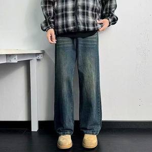 Foreign Trade American High Street Spring Retro Washed Dark Blue High <b>Waist</b> Slim Fit Organic Cotton <b>Jeans</b> Men's Straight Loose - Product Image 3