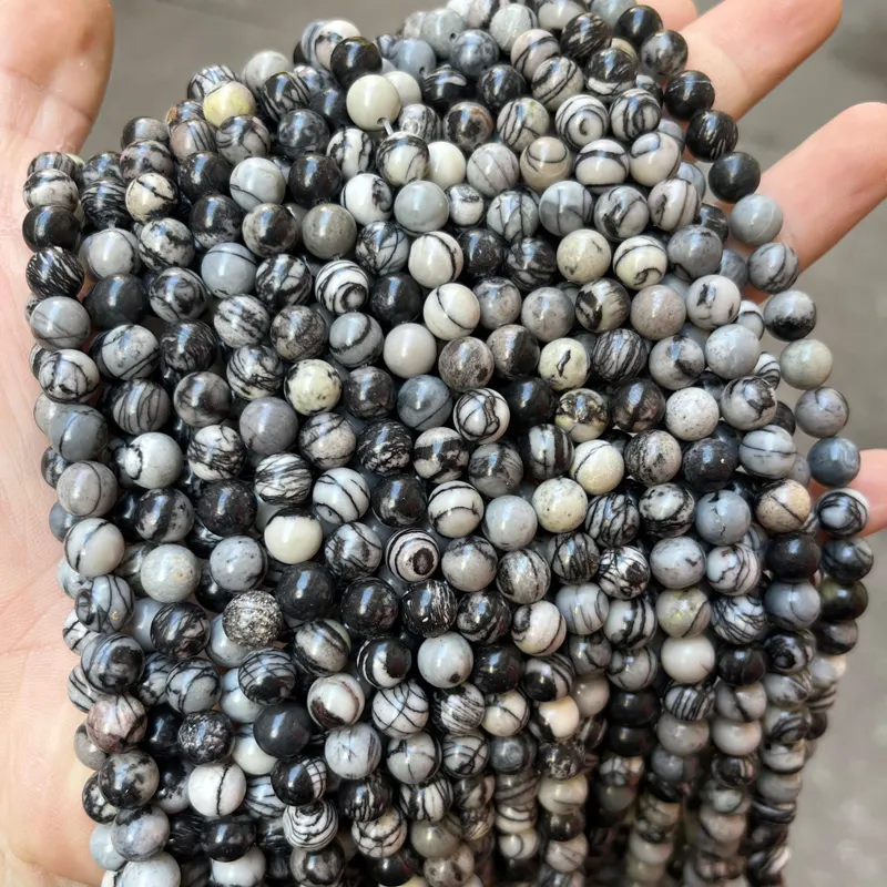 Grosir Natural Black Net Jasper Batu Beads 4-12mm Bulat Halus Hitam Web Jasper Beads untuk Membuat Perhiasan