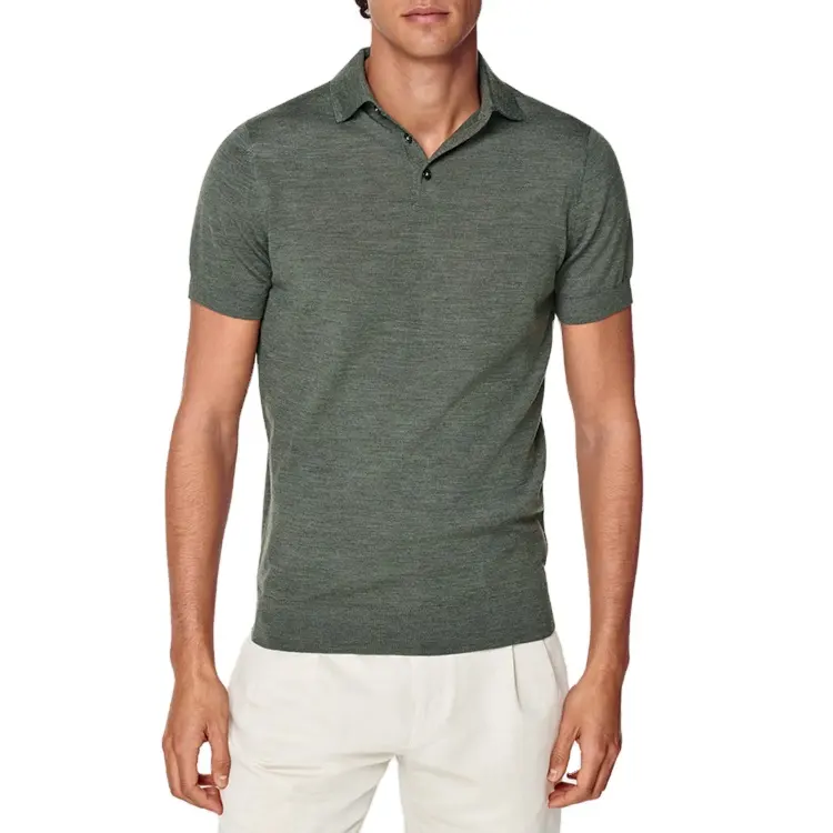 Pure Australian Merino Wool Green Polo Shirt Men's Button Short Sleeve