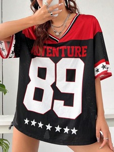 Camiseta de Verano de Alta Calidad, Estilo Hip-Hop Informal, Estampado Digital, Transpirable, Cuello en V, para Mujer, Poliéster Liso - Product Image 2