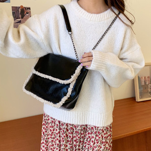 Women's Autumn Winter Lambswool <b>Bag</b> Black Chain Strap Magnetic Buckle Everyday Outfits Shoulder Crossbody <b>Bag</b> - Product Image 5
