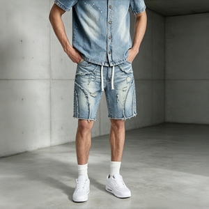 Shorts en jean décontractés pour hommes, style vintage, bleu clair, délavé, effet usé, patchwork, cordon de serrage, streetwear - Product Image 1