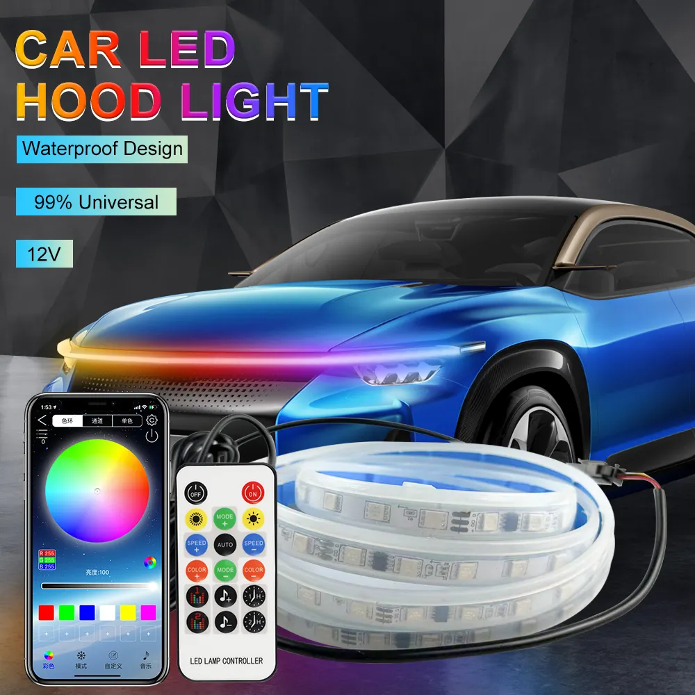 Pel faixa de luzes led colorida para carro, 1.5/1.8m, rgb, penetração de capuz, drl, flexível, controle remoto, decoração para área externa do carro