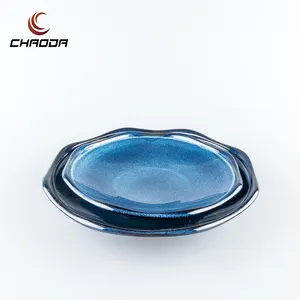 Restaurantlieferanten hochwertige achteckige Keramikgeschirr Porzellan blau Glasur Geschirrsets Teller
