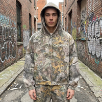 Sweat à capuche zippé personnalisé OEM avec appliqué camouflage Real Tree vintage / 500 GSM, 100 % coton, coupe classique / Impression numérique DTG Print Digital Spring