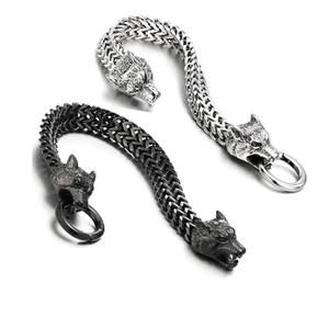 Bracciale da uomo Punk placcato oro acciaio inox testa Viking lupo bracciale testa di lupo in acciaio inox inciso bracciale moda uomo - Product Image 5