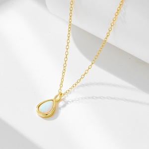 925 Sterling Silver Women Gold Plated White Synthetic <b>Opal</b> Teardrop Link Chain <b>Necklace</b>-Romantic Wedding Engagement Gift - Product Image 5