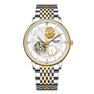 PINDU Men's Business Hollow Automatic <b>Mechanical</b> <b>Watch</b> Two-Tone Steel Strap Dragon Pattern Dial Diamond Indices - Product Image 6