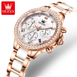 OLEVS 9999 <span class=keywords><strong>Montre</strong></span> à quartz élégante pour <span class=keywords><strong>femme</strong></span>, chronographe multifonctionnel en acier inoxydable avec logo personnalisé OEM, céramique - Product Image 1