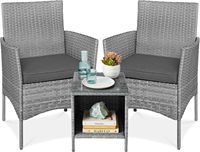 Ensemble de trois pièces de salon de jardin en osier tressé, comprenant une table et deux chaises, avec coussins de siège doux et confortables