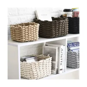 Eco-friendly Useful Hand Made Woven Cotton Rope Basket Multi-color Foldable Sundries Storage Basket With Handles