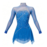 Robe de patinage artistique bleu roi à col montant, entièrement ornée de strass, manches longues en maille, dos découpé, jupe asymétrique pour adultes et enfants